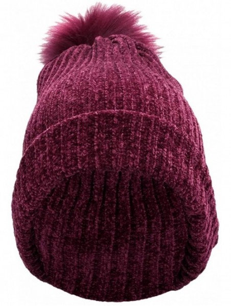 Skullies & Beanies Womens Beanie Hat-Thick Chunky Cable Winter Velvet Knit Cap with Faux Fur Pom - Wine Red - CR18K5OH786 $17.07