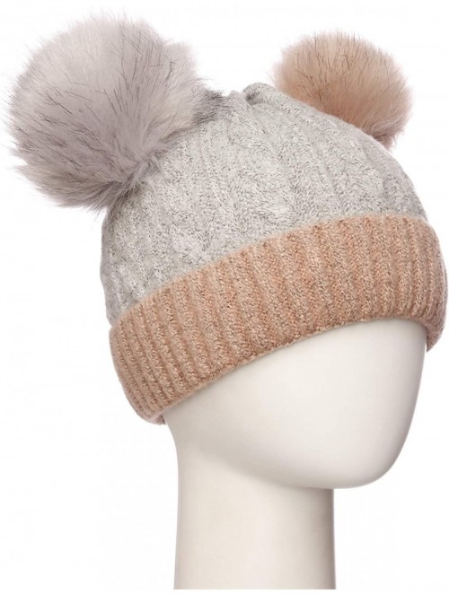 Skullies & Beanies Women's Double Pom Pom Beanie Warm Winter Knit Hat Cute Animal Look - Faux Fur Double Pom - Grey Pink - CO...