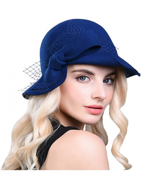 Fedoras Women's Wool Felt Bow Flowers Church Bowler Hat - Royal Blue - CB12MCI0URH $47.38