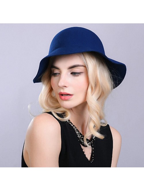 Fedoras Women's Wool Felt Bow Flowers Church Bowler Hat - Royal Blue - CB12MCI0URH $47.38