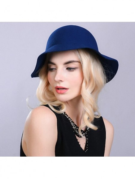 Fedoras Women's Wool Felt Bow Flowers Church Bowler Hat - Royal Blue - CB12MCI0URH $47.38