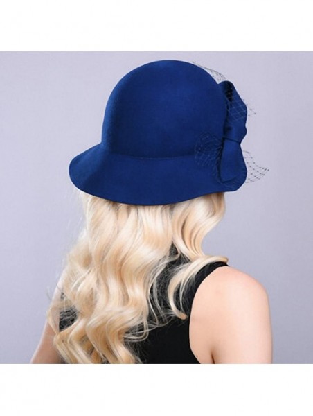 Fedoras Women's Wool Felt Bow Flowers Church Bowler Hat - Royal Blue - CB12MCI0URH $47.38