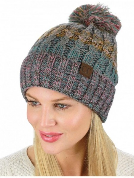 Skullies & Beanies Tribal Blend Pom Soft Fuzzy Lined Thick Knit Cuff Beanie Hat - Rose/Mint - C518IQG6C3U $21.22