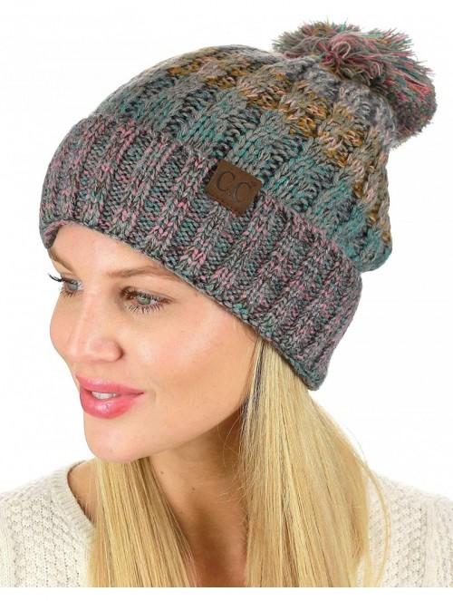 Skullies & Beanies Tribal Blend Pom Soft Fuzzy Lined Thick Knit Cuff Beanie Hat - Rose/Mint - C518IQG6C3U $21.22