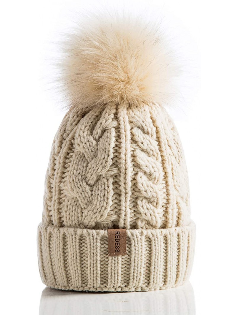 Skullies & Beanies Women Winter Pompom Beanie Hat with Warm Fleece Lined- Thick Slouchy Snow Knit Skull Ski Cap - 1 Beige. - ...