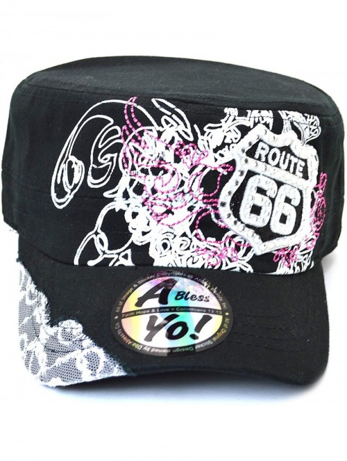 Baseball Caps Route 66 Distressed Women's Cap Cadet Hat Cotton Military Cap AYO1151 - Black - CL18Z3W7H5T $19.78