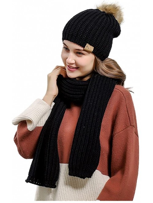 Skullies & Beanies Women's Knitted Scarf Winter Hat Crochet Hat Warm Scarf and Hat Set - Black - CP186RHDQ7G $25.34