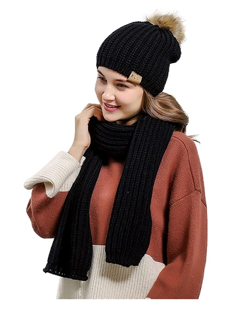 Skullies & Beanies Women's Knitted Scarf Winter Hat Crochet Hat Warm Scarf and Hat Set - Black - CP186RHDQ7G $25.34