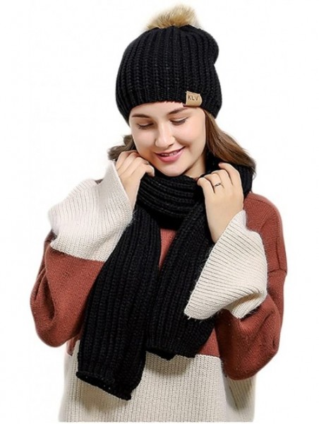 Skullies & Beanies Women's Knitted Scarf Winter Hat Crochet Hat Warm Scarf and Hat Set - Black - CP186RHDQ7G $25.34