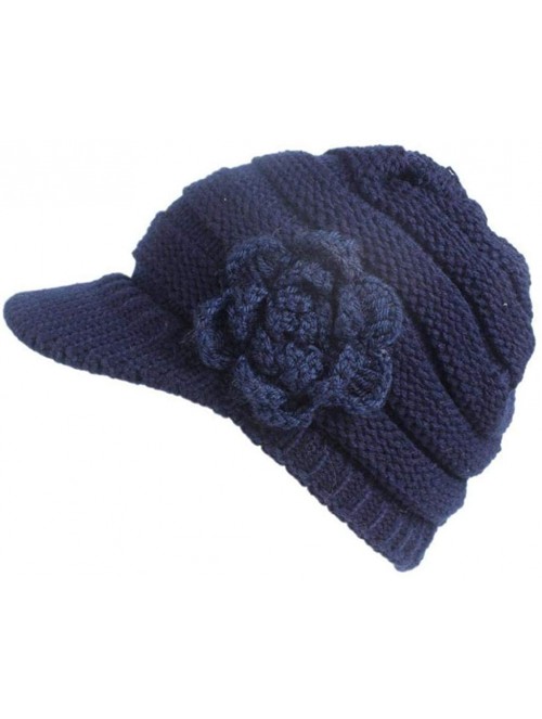 Skullies & Beanies Womens Hats Winter- Womens Winter Warm Floral Knitted Crochet Beanie Slouchy Wool Hat With Visor - Navy - ...