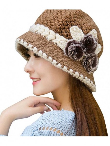 Newsboy Caps Women Color Winter Hat Crochet Knitted Flowers Decorated Ears Cap with Visor - Khaki - C118LH2IODL $12.20