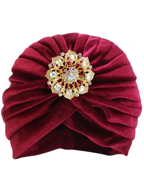 Skullies & Beanies Women's 20S Gatsby Turban Hat Noble Ruffle Glitter Pleated Stretch Head Wraps Chemo Cap - C-winr Red - C91...