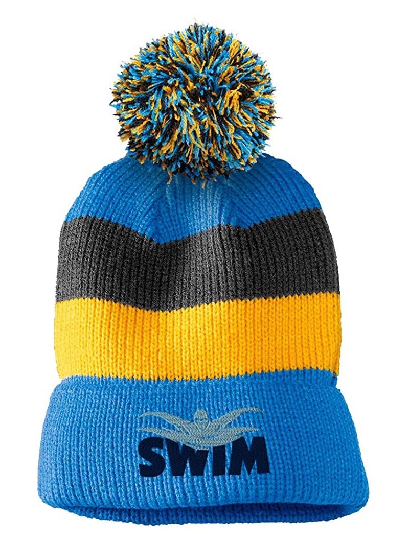 Skullies & Beanies Custom Vintage Pom Pom Beanie Swim Word and Swimmer Embroidery Acrylic - Light Blue Stripes - CP18A6EZMNA ...