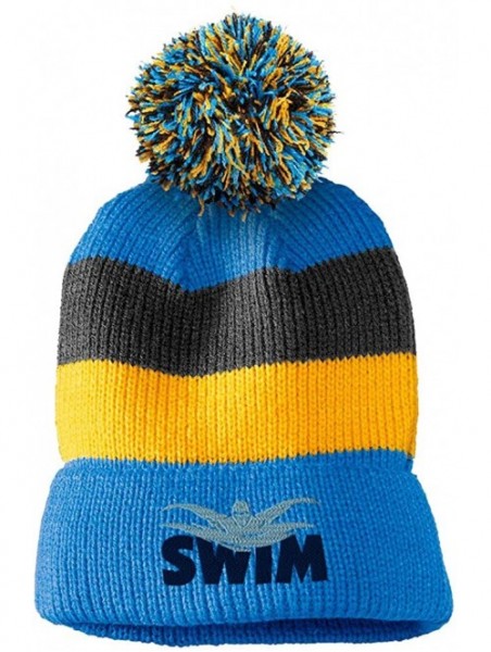 Skullies & Beanies Custom Vintage Pom Pom Beanie Swim Word and Swimmer Embroidery Acrylic - Light Blue Stripes - CP18A6EZMNA ...