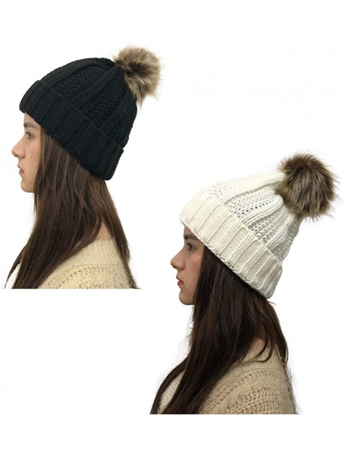 Fedoras Womens Winter Knit Slouchy Beanie Hat Warm Skull Ski Cap Faux Fur Pompom Hats for Women - Black+white - CU18YH8CHXC $...