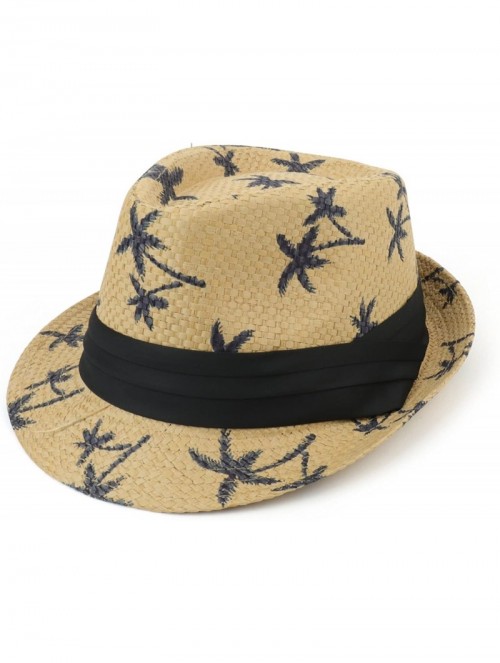 Fedoras Cute Palm Tree Paradise Print Summer Paper Straw Fedora Hat - Tan - C818H4MAC09 $20.11