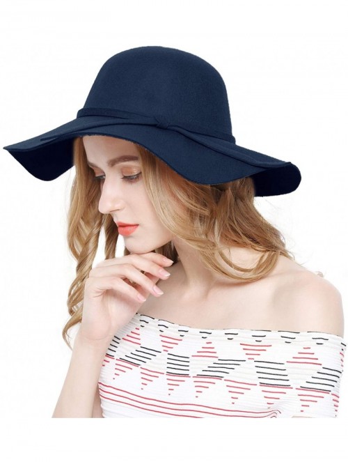 Fedoras Women 100% Wool Wide Brim Cloche Fedora Floppy hat Cap - Navy - CD18M0SLZ9K $24.82