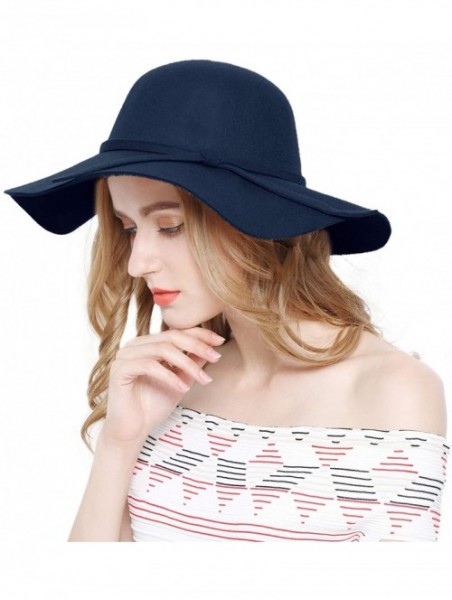 Fedoras Women 100% Wool Wide Brim Cloche Fedora Floppy hat Cap - Navy - CD18M0SLZ9K $24.82