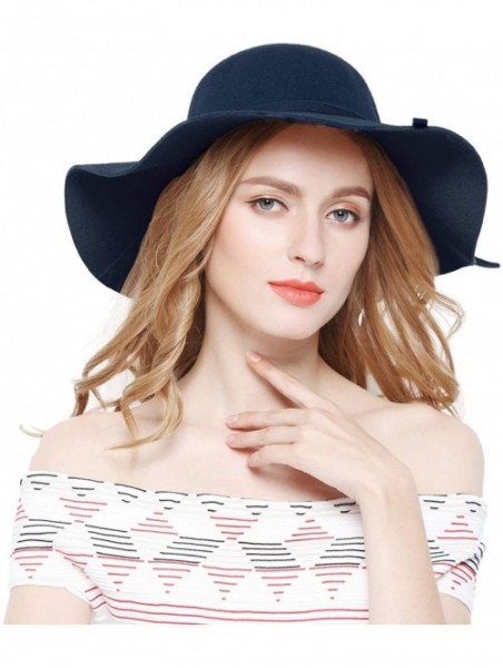 Fedoras Women 100% Wool Wide Brim Cloche Fedora Floppy hat Cap - Navy - CD18M0SLZ9K $24.82