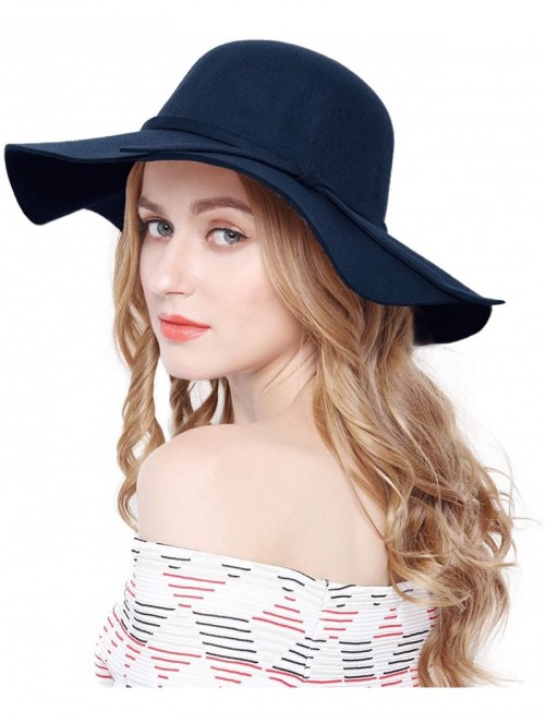 Fedoras Women 100% Wool Wide Brim Cloche Fedora Floppy hat Cap - Navy - CD18M0SLZ9K $24.82