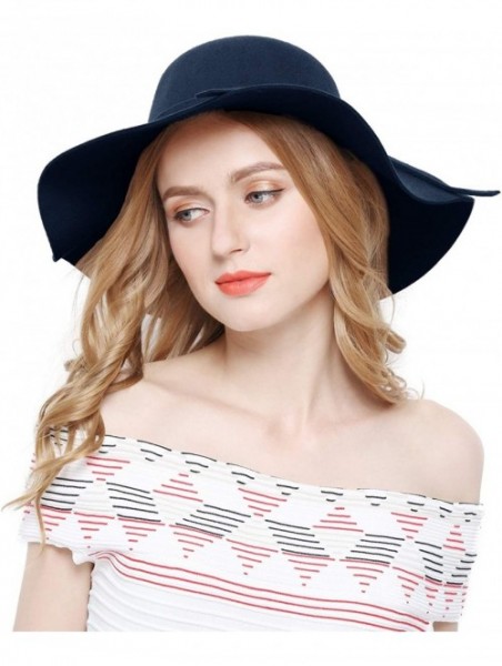 Fedoras Women 100% Wool Wide Brim Cloche Fedora Floppy hat Cap - Navy - CD18M0SLZ9K $24.82