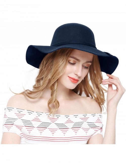 Fedoras Women 100% Wool Wide Brim Cloche Fedora Floppy hat Cap - Navy - CD18M0SLZ9K $24.82