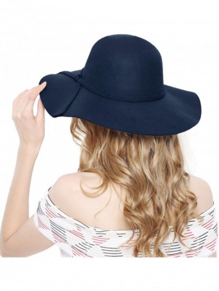 Fedoras Women 100% Wool Wide Brim Cloche Fedora Floppy hat Cap - Navy - CD18M0SLZ9K $24.82