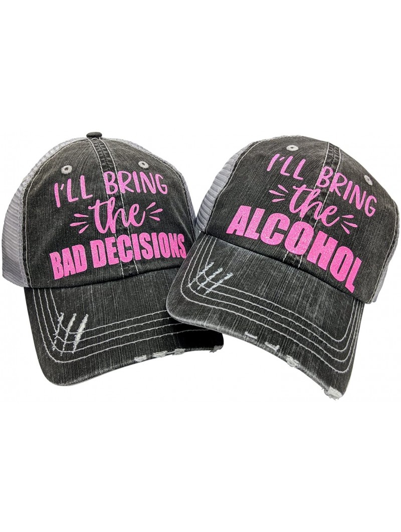 Baseball Caps Women's I'll Bring The Alcohol- Bad Decisions- Baseball Cap Bundle (Grey/PinkGlitter) - CB18E0W7HUK $45.26