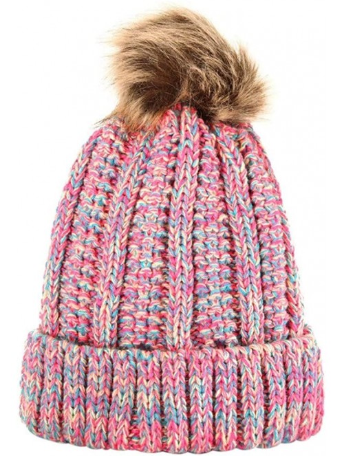 Bomber Hats Womens Winter Beanie Hat- Warm Cuff Cable Knitted Soft Ski Cap with Pom Pom for Girls - J - CH18ADUE9LO $12.36