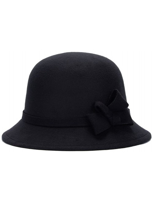 Skullies & Beanies Women's Top Bowler Cap Vintage Style Cloche Bucket Hats With Bowknot - Black - CQ188KZLLXT $20.56