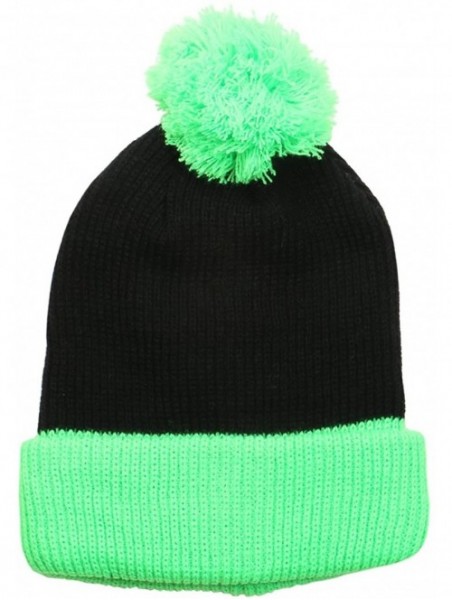 Skullies & Beanies The Two Tone Thick Knitted Cuffed Winter Pom Beanie - Black/Neon Green - CE11SFY8FIJ $12.51