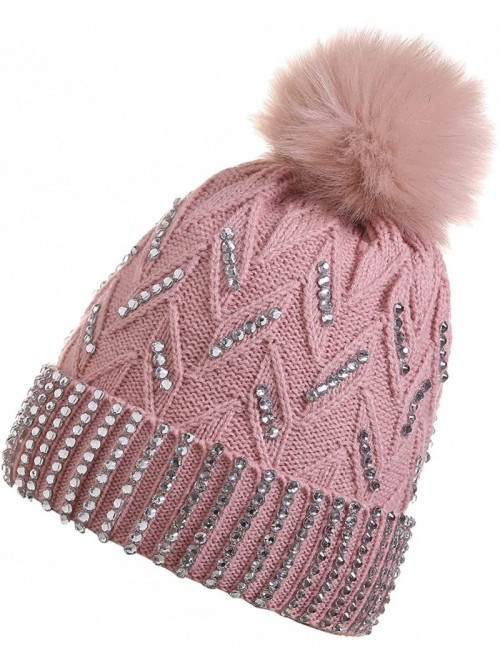 Skullies & Beanies Women Winter Knit Beanie-Hats- Pompom-Hats Warm Chunky-Elastic Shiny Ears for Women - Mz012-pink - C818XWW...