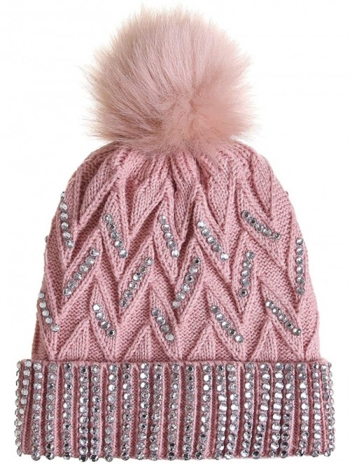 Skullies & Beanies Women Winter Knit Beanie-Hats- Pompom-Hats Warm Chunky-Elastic Shiny Ears for Women - Mz012-pink - C818XWW...