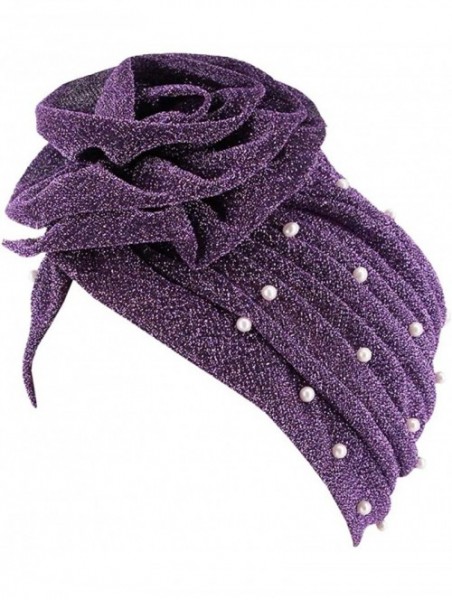 Skullies & Beanies African Printing Turban Cap Hairwrap Headwear Sleep Chemo Bonnet Hat Beanie for Women - Purple Shiny Turba...