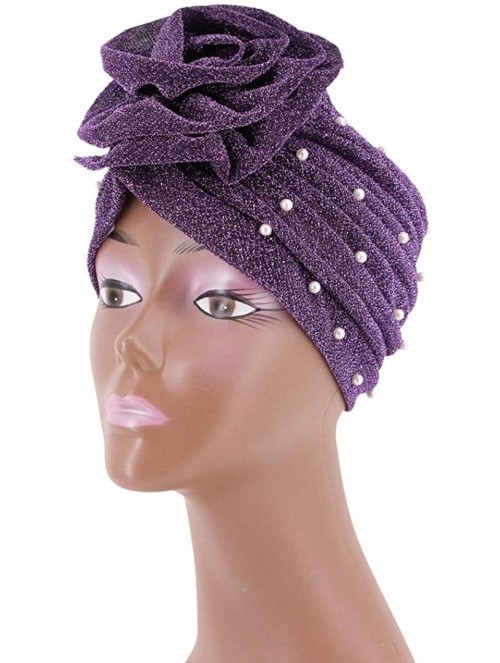 Skullies & Beanies African Printing Turban Cap Hairwrap Headwear Sleep Chemo Bonnet Hat Beanie for Women - Purple Shiny Turba...