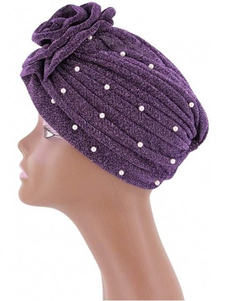 Skullies & Beanies African Printing Turban Cap Hairwrap Headwear Sleep Chemo Bonnet Hat Beanie for Women - Purple Shiny Turba...