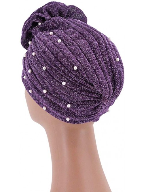 Skullies & Beanies African Printing Turban Cap Hairwrap Headwear Sleep Chemo Bonnet Hat Beanie for Women - Purple Shiny Turba...