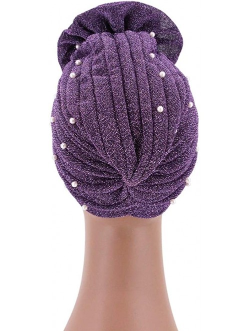 Skullies & Beanies African Printing Turban Cap Hairwrap Headwear Sleep Chemo Bonnet Hat Beanie for Women - Purple Shiny Turba...