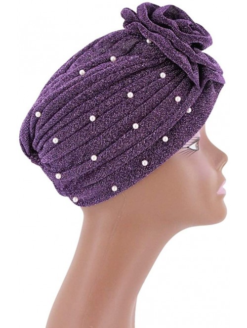 Skullies & Beanies African Printing Turban Cap Hairwrap Headwear Sleep Chemo Bonnet Hat Beanie for Women - Purple Shiny Turba...