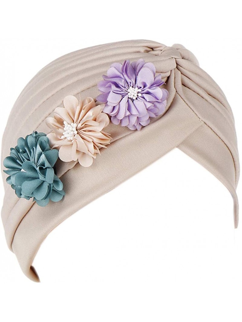 Sun Hats Shiny Metallic Turban Cap Indian Pleated Headwrap Swami Hat Chemo Cap for Women - Beige Flower - CR18Z65CE2N $12.54