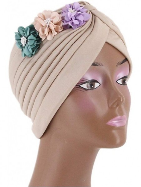 Sun Hats Shiny Metallic Turban Cap Indian Pleated Headwrap Swami Hat Chemo Cap for Women - Beige Flower - CR18Z65CE2N $12.54