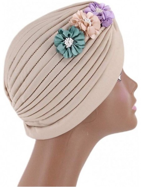 Sun Hats Shiny Metallic Turban Cap Indian Pleated Headwrap Swami Hat Chemo Cap for Women - Beige Flower - CR18Z65CE2N $12.54