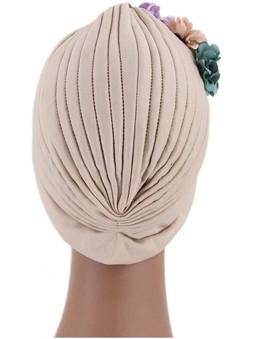 Sun Hats Shiny Metallic Turban Cap Indian Pleated Headwrap Swami Hat Chemo Cap for Women - Beige Flower - CR18Z65CE2N $12.54