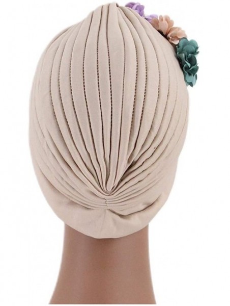 Sun Hats Shiny Metallic Turban Cap Indian Pleated Headwrap Swami Hat Chemo Cap for Women - Beige Flower - CR18Z65CE2N $12.54