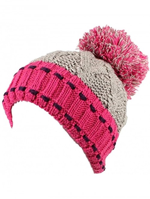 Skullies & Beanies Winter Big Pom Pom Beanie Hat Wool Blend Fleece Lined Color Block 2 Styles - Stitched- Pink / Beige - CE12...