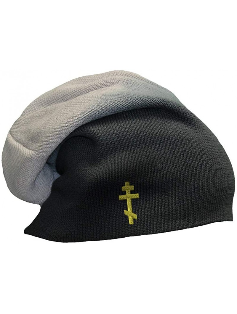 Skullies & Beanies Custom Slouchy Beanie Russian Orthodox Cross Embroidery Cotton - Black Grey - CK18L6GTKDR $18.66