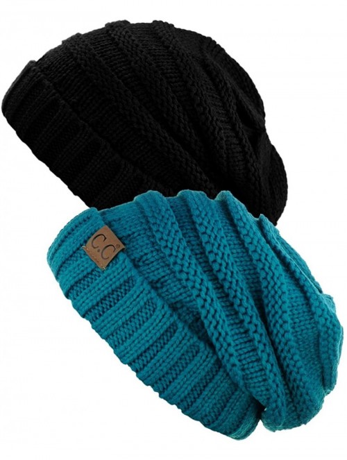 Skullies & Beanies Oversized Baggy Slouchy Thick Winter Beanie Hat - 2 Pack- Black/Teal - CZ1869K9IW3 $20.53