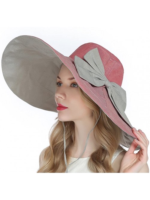 Sun Hats Women's UPF 50+ Foldable Floppy Reversible Wide Brim Sun Beach Hat with Bowknot - Red - CH18D5ICO0X $21.60