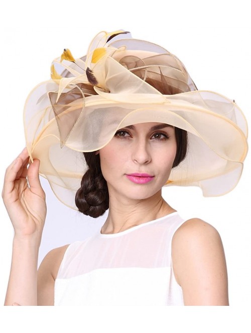 Sun Hats Women Race Hats Organza Hat with Ruffles Feathers - Yellow/Brown - C012EOR2K9P $29.59