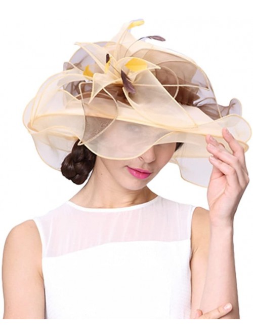 Sun Hats Women Race Hats Organza Hat with Ruffles Feathers - Yellow/Brown - C012EOR2K9P $29.59